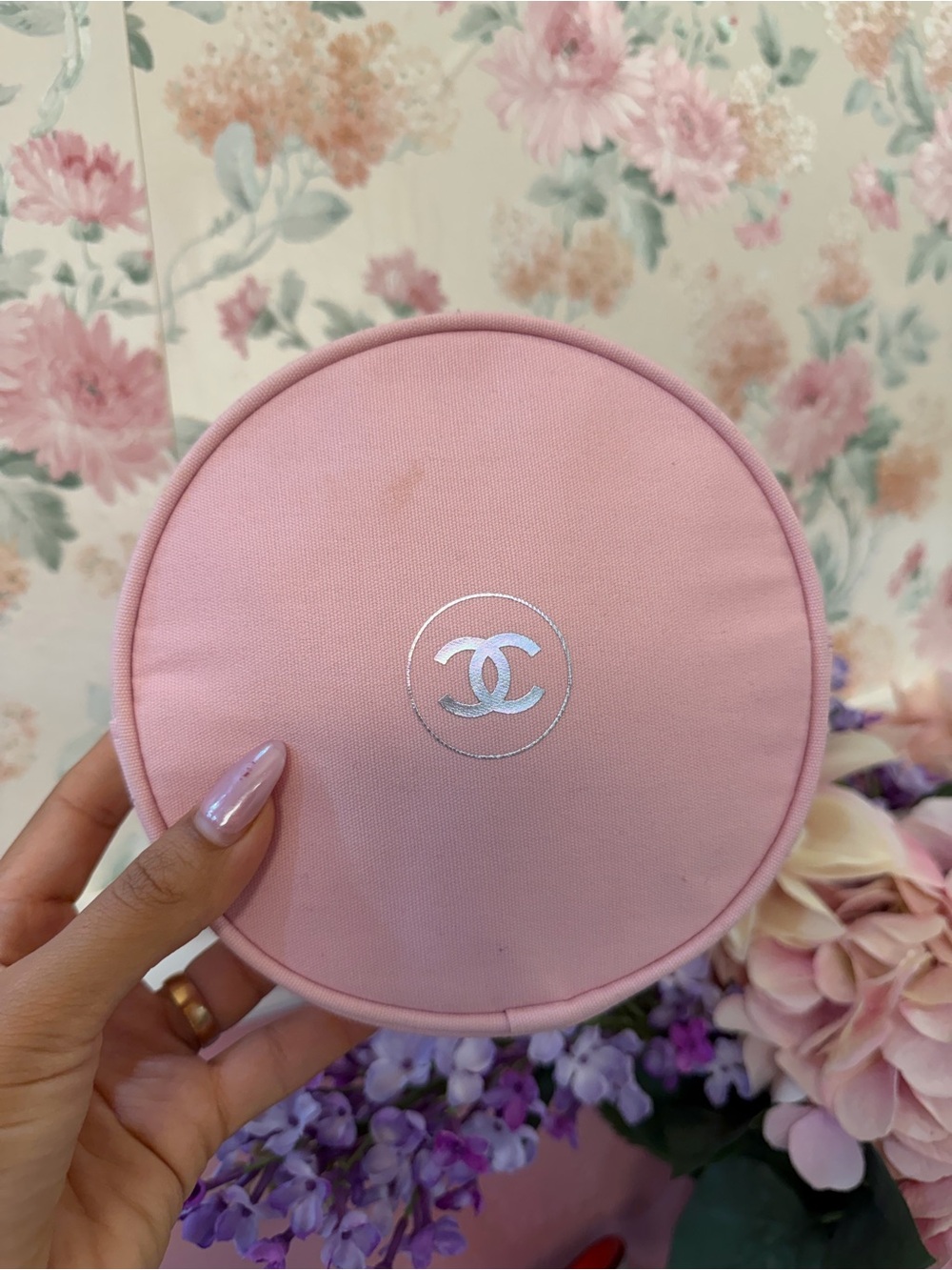 CHANEL Pink Round Signature Cosmetic Case